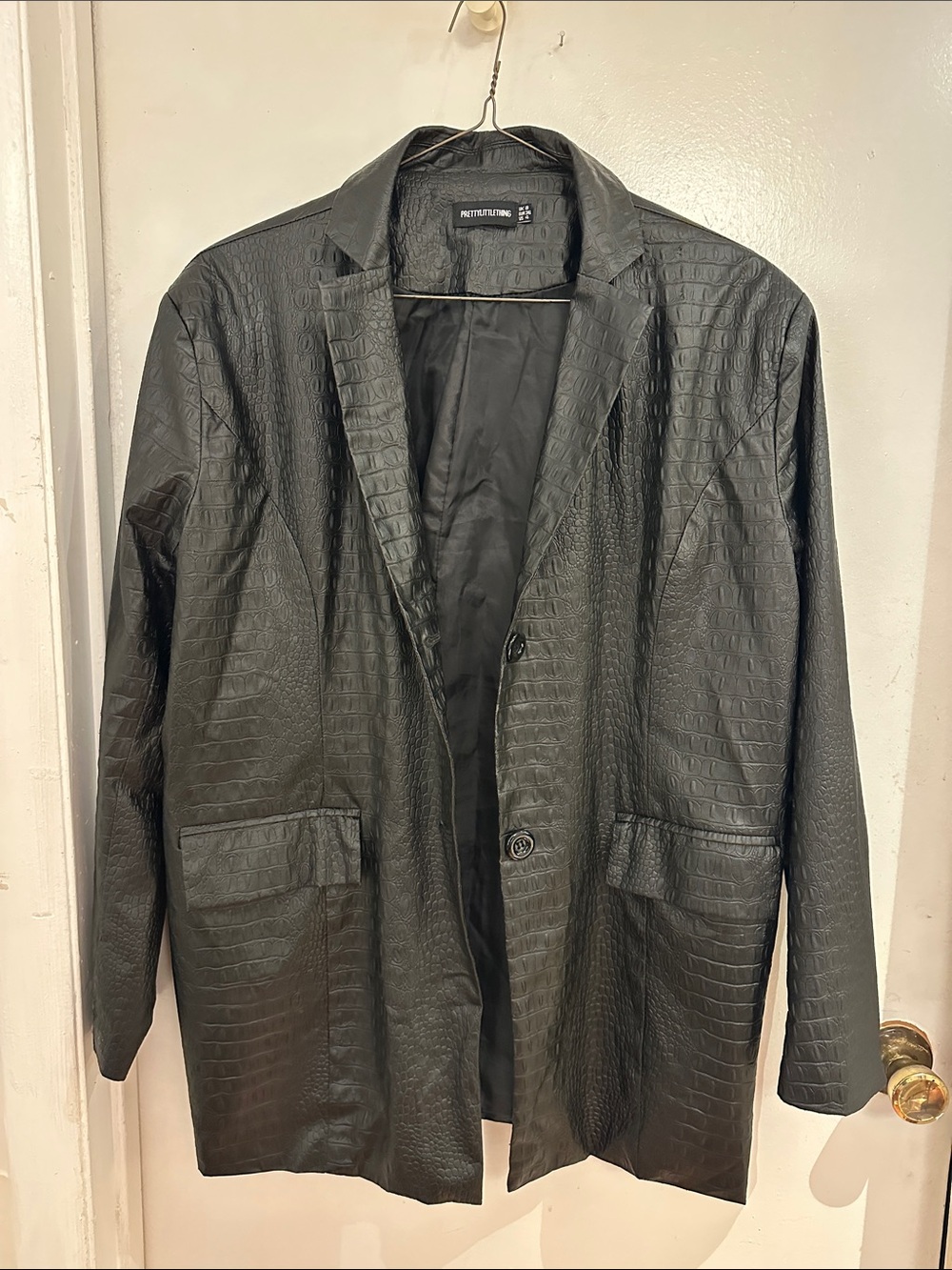 PrettyLittleThing Black Croc-Embossed Faux Leather Jacket